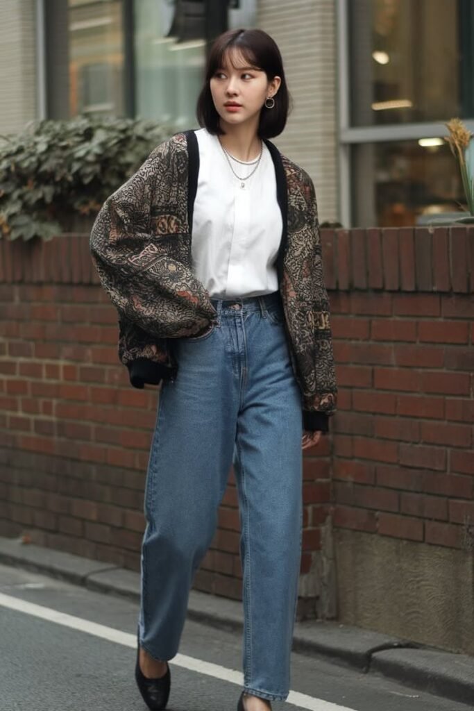 Patterned Bomber Jacket + White Button Up Shirt + Baggy Blue Jeans + Black Pointed Flats