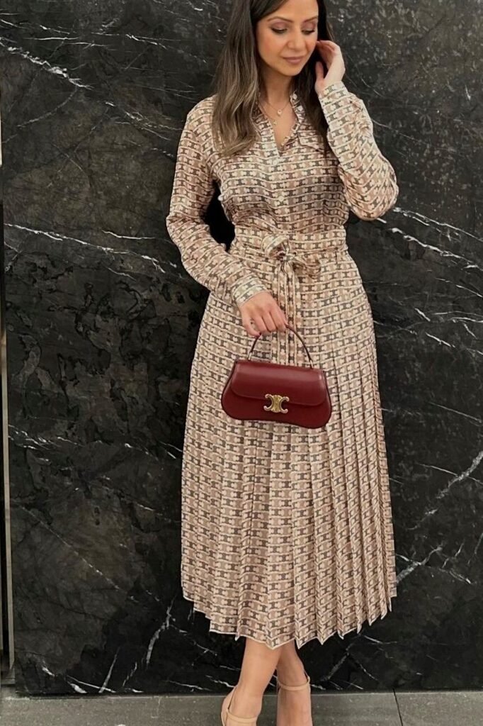 Patterned Long Sleeve Dress + Burgundy Handbag + Nude Heels