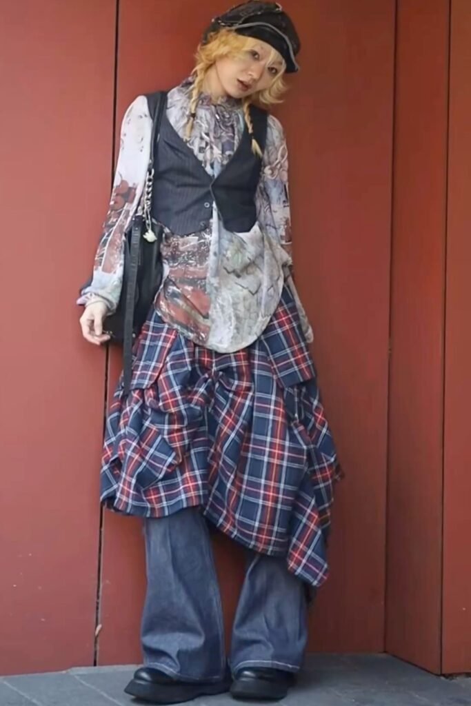 Patterned Long Sleeve Top + Black Vest + Plaid Skirt + Wide Leg Jeans + Black Boots