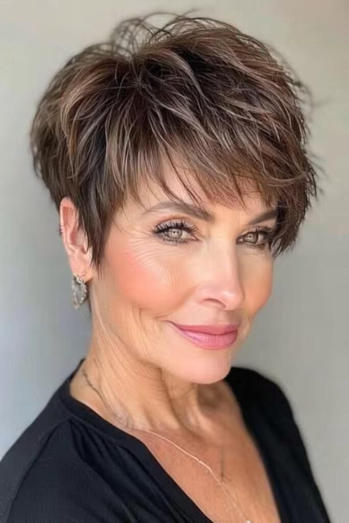 Piecey Brunette Pixie with Highlights and Side Bangs