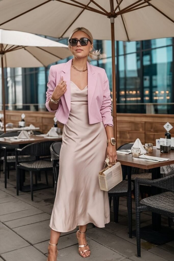 Pink Blazer + Beige Silk Slip Dress + Strappy Heels