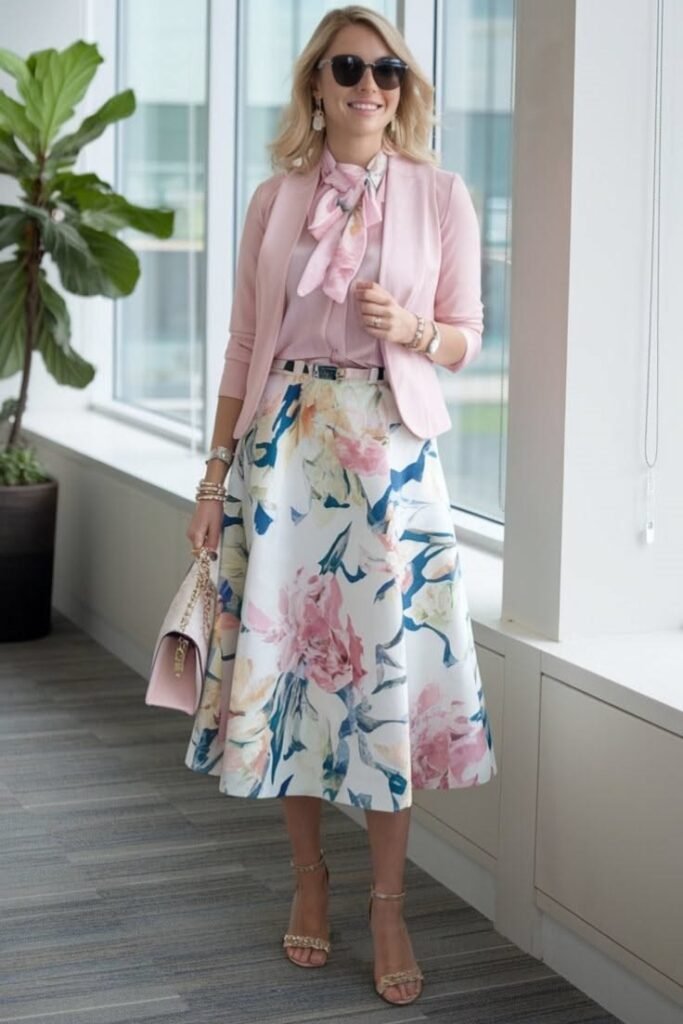 Pink Blazer + Pink Silk Blouse + Floral Patterned Skirt + Pink Handbag