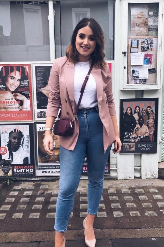 Pink Blazer + White T Shirt + Slim Fit Blue Jeans + Beige Pumps