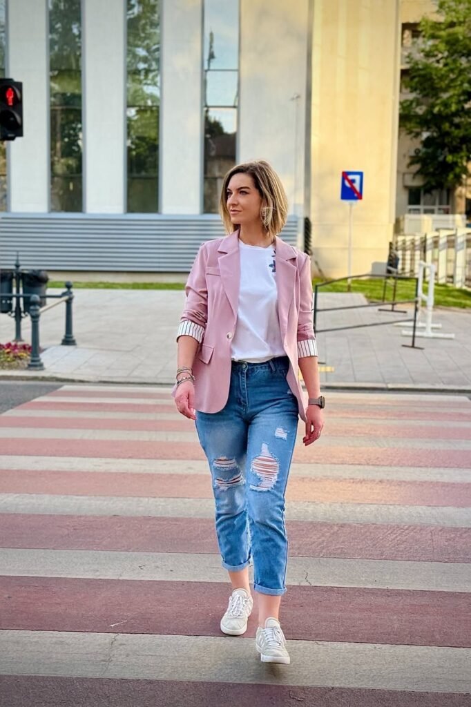 Pink Blazer + White Top + Blue Distressed Jeans