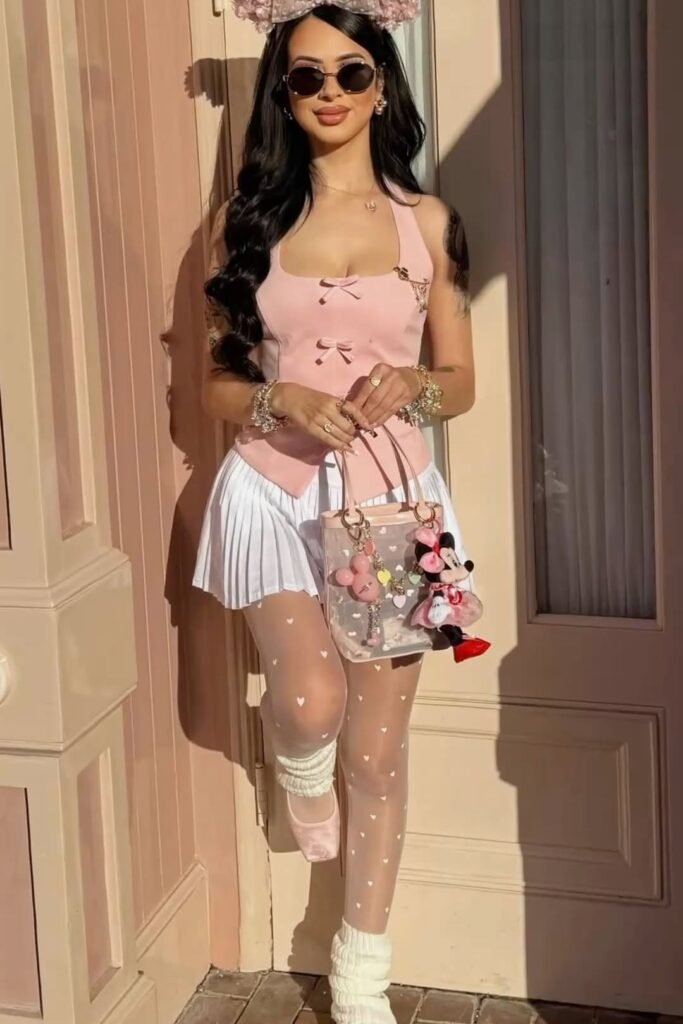 Pink Bow Halter Vest + White Pleated Mini Skirt + White Heart Tights + White Slouch Socks + Pink Square Toe Ballet Flats
