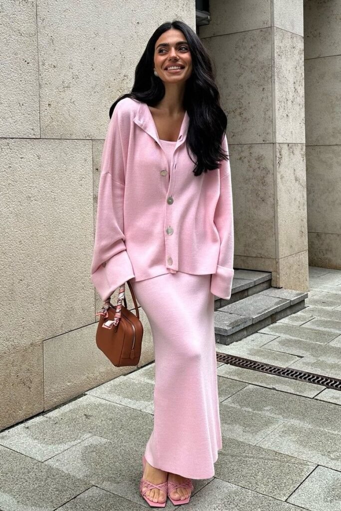 Pink Button Down Knit Cardigan + Matching Pink Midi Skirt + Pink Strappy Sandals