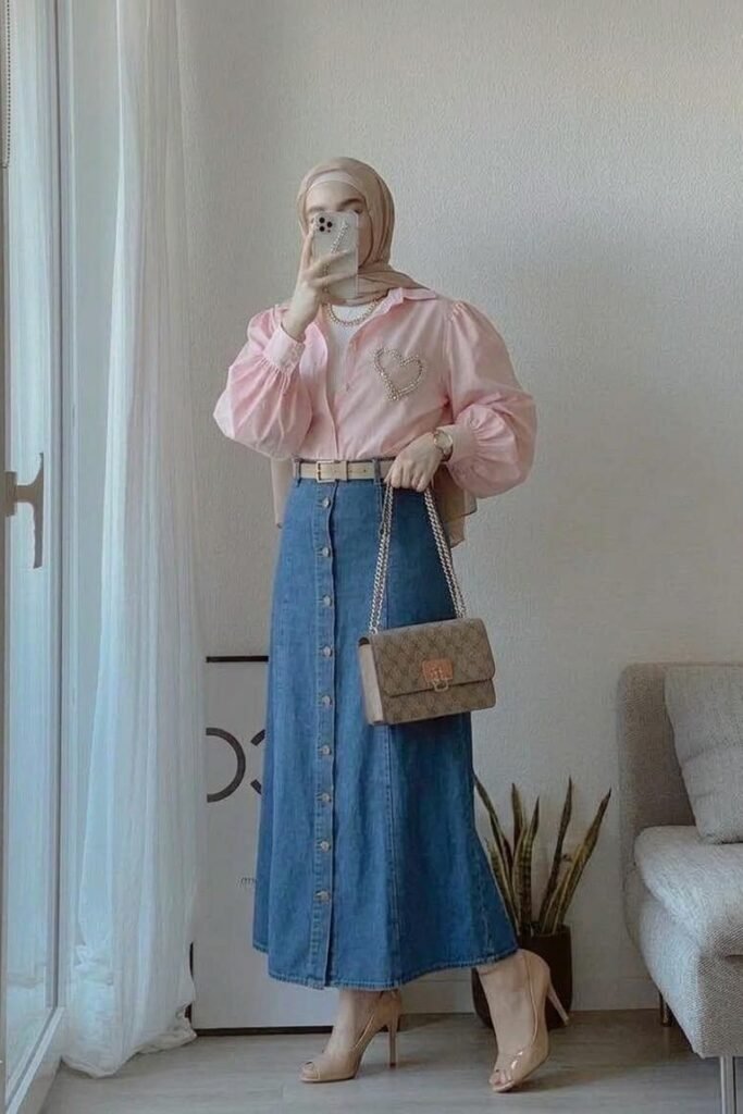 Pink Button Up Blouse + Medium Wash Button Front A Line Denim Maxi Skirt + Nude Peep Toe Heels