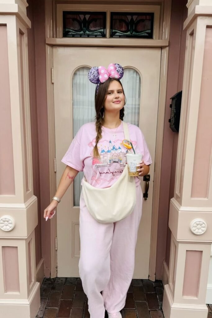 Pink Castle Graphic T Shirt + Pink Sweatpants + Cream Sling Bag