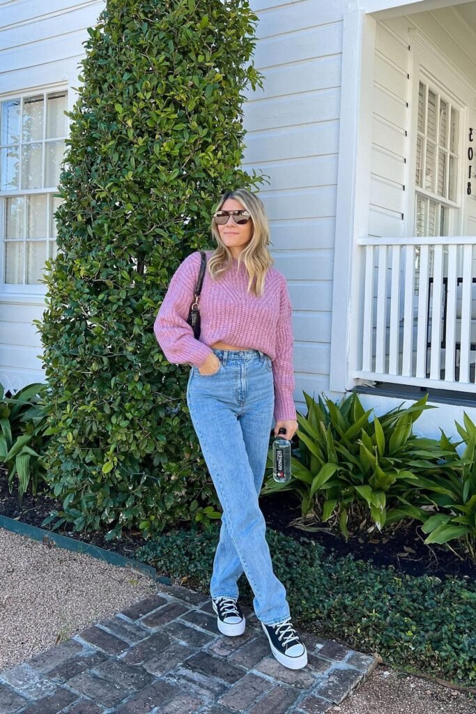 Pink Chunky Knit Sweater + Light Wash Straight Leg Jeans + Black and White Platform Sneakers