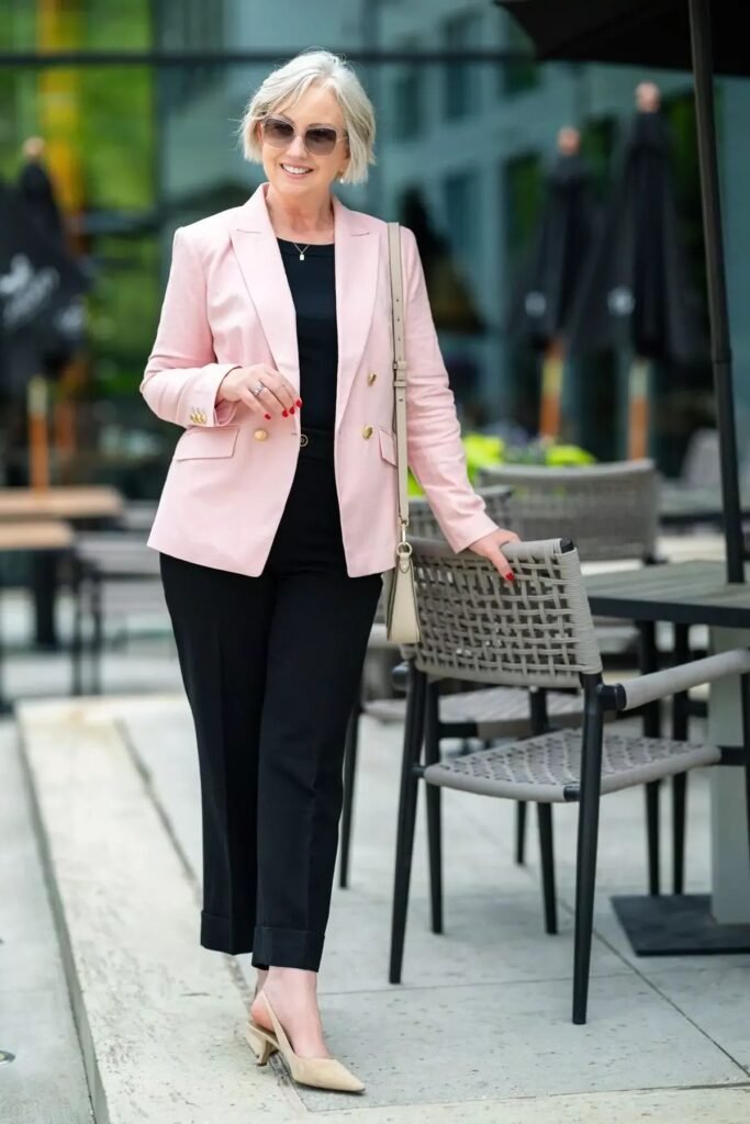 Pink Double Breasted Blazer + Black Straight Leg Trousers + Nude Slingback Heels