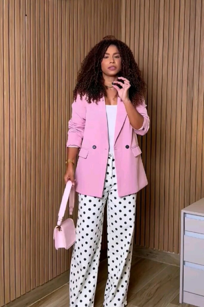 Pink Double Breasted Blazer + White Bodysuit + White Polka Dot Wide Leg Pants + Pink Top Handle Bag
