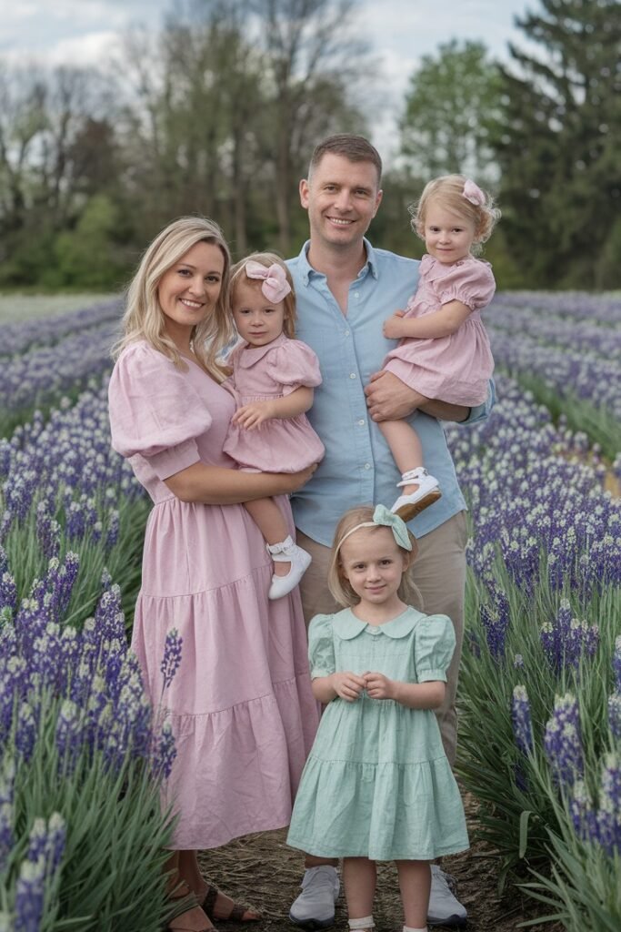 Pink Dress + Light Blue Shirt + Khaki Pants + Pink Shirt + Green Dress