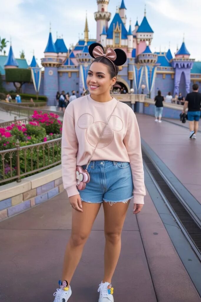 Pink Embossed Mickey Mouse Sweatshirt + Denim Shorts + White Sneakers