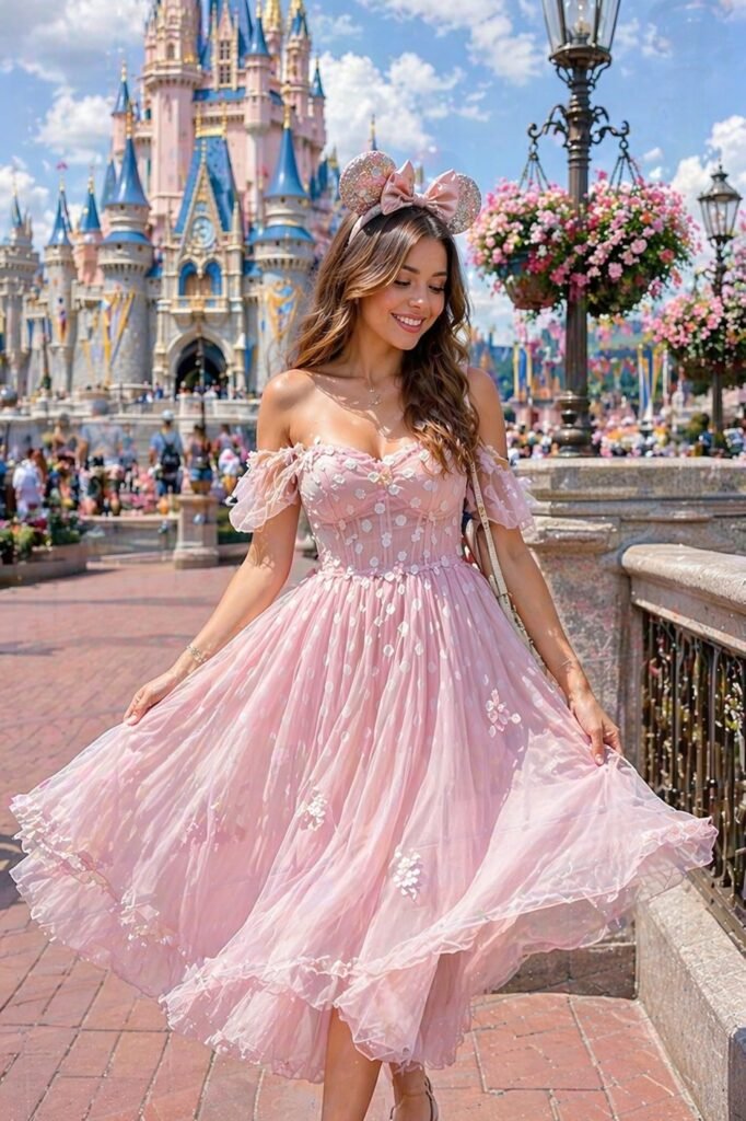Pink Floral Tulle Off The Shoulder Midi Dress + Neutral Strappy Sandal Heels