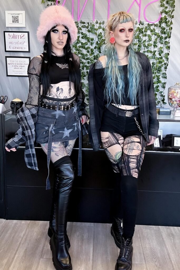 Pink Fuzzy Bucket Hat + Black Butterfly Crop Top + Grey Star Print Denim Skirt + Black Over the Knee Boots
