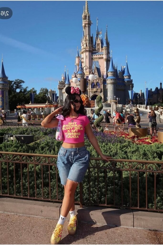 Pink Graphic Crop Top + Denim Long Shorts + Yellow Sneakers