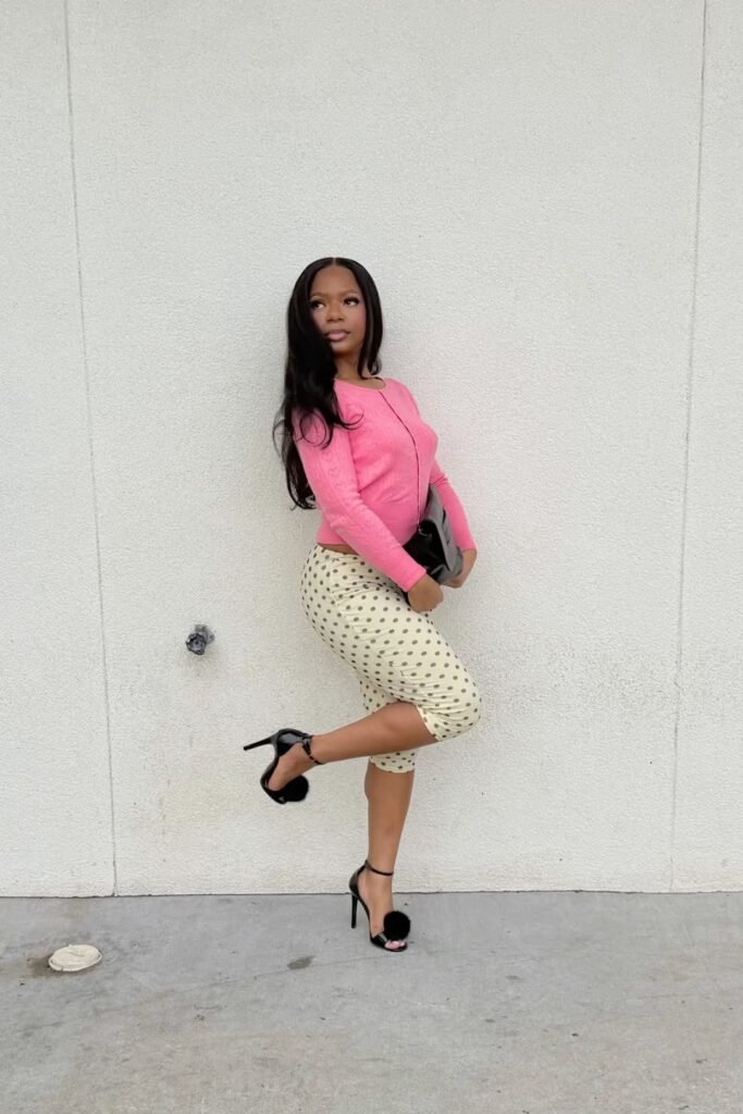 Pink Knit Cardigan + Cream Polka Dot Capris + Black Pom Pom Heels