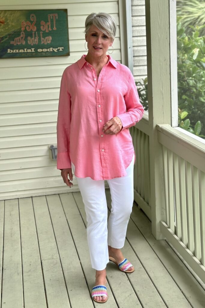 Pink Long Sleeve Linen Shirt + White Cropped Straight Leg Jeans + Multi Color Woven Slide Sandals