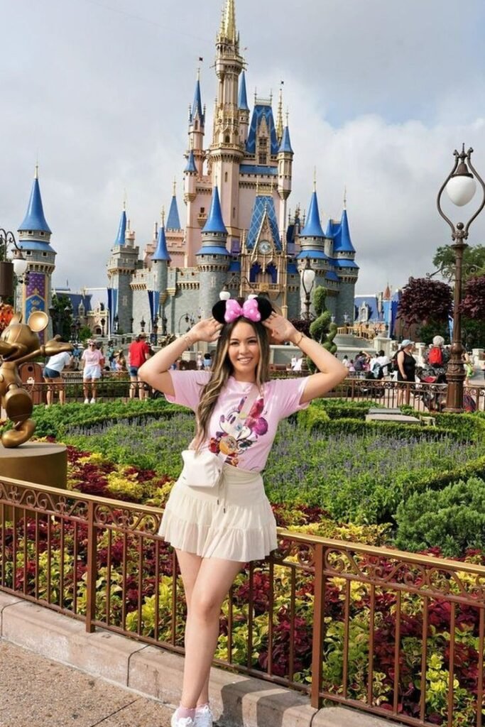 Pink Minnie Mouse Graphic T Shirt + Cream Ruffled Mini Skirt + White Sneakers