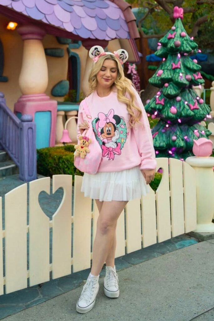 Pink Minnie Mouse Holiday Sweatshirt + White Tulle Mini Skirt + White High Top Sneakers