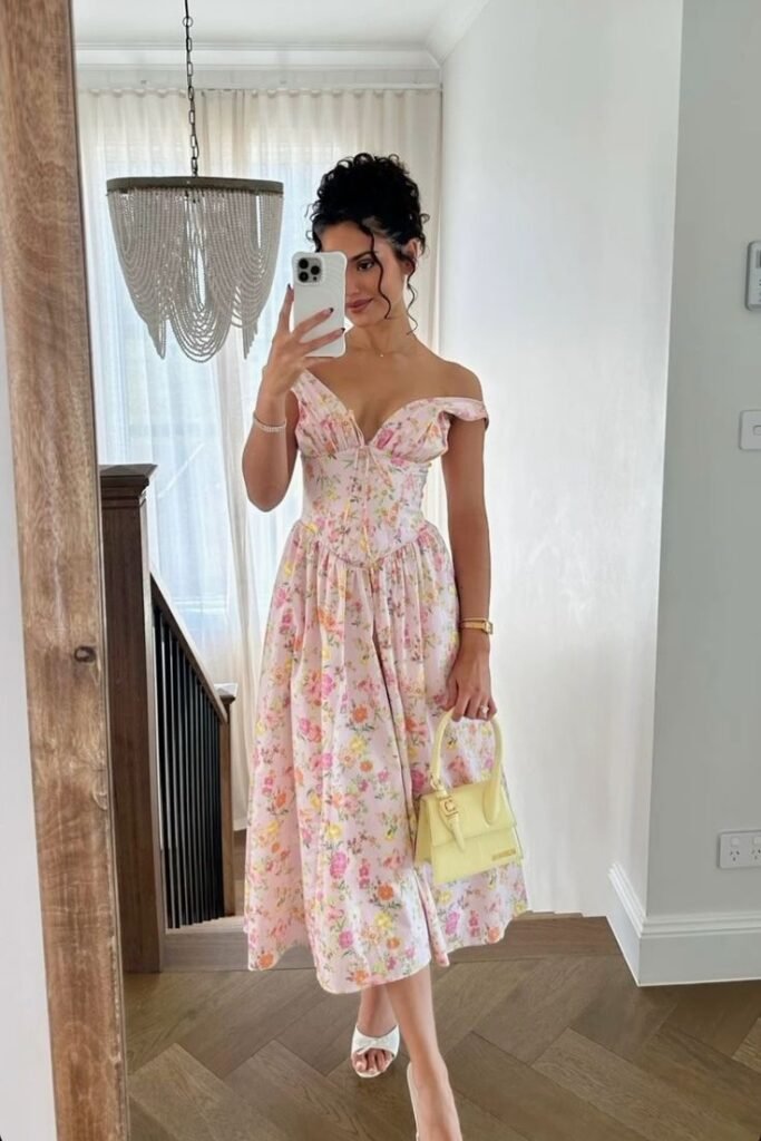 Pink Off The Shoulder Floral Midi Dress + Light Yellow Top Handle Mini Bag + White Open Toe Heeled Mules