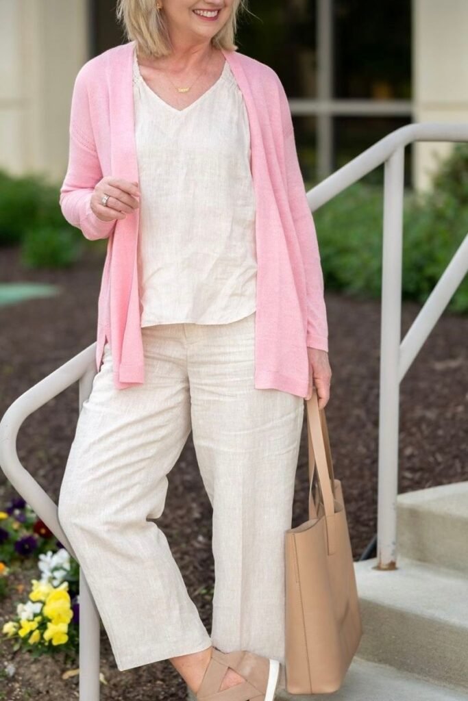 Pink Open Front Cardigan + Beige Linen V Neck Top + Beige Wide Leg Linen Pants + Nude Strappy Sandals