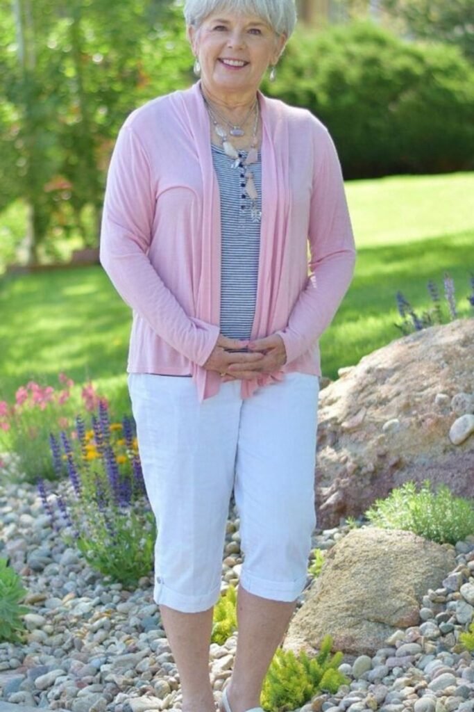 Pink Open Front Cardigan + Blue and White Striped Tee + White Cropped Capris + White Sandals