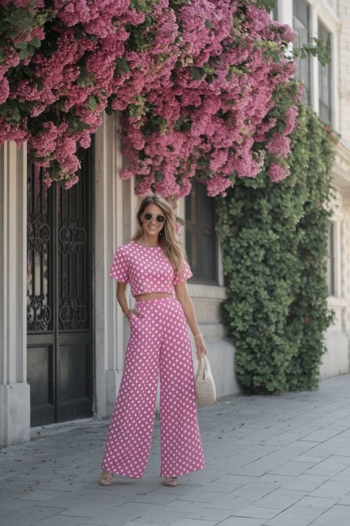 Pink Polka Dot Crop Top + Pink Wide Leg Trousers + Beige Woven Bag