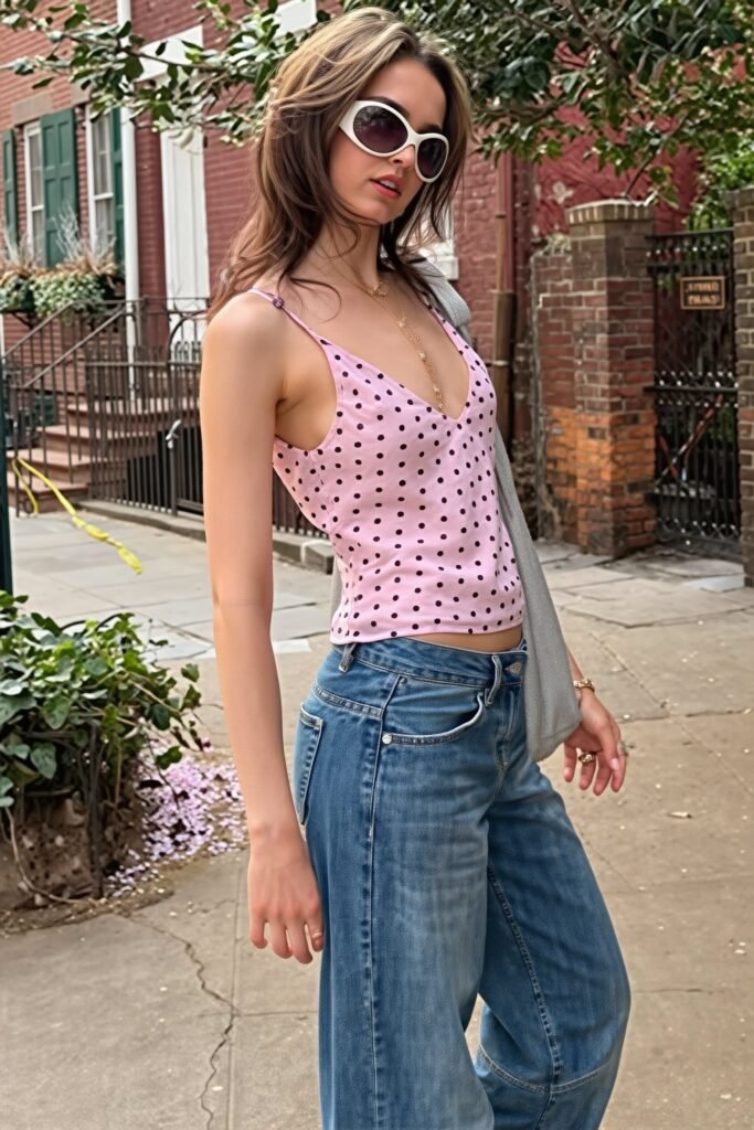 Pink Polka Dot V-Neck Cami + Baggy Blue Jeans + White Sunglasses