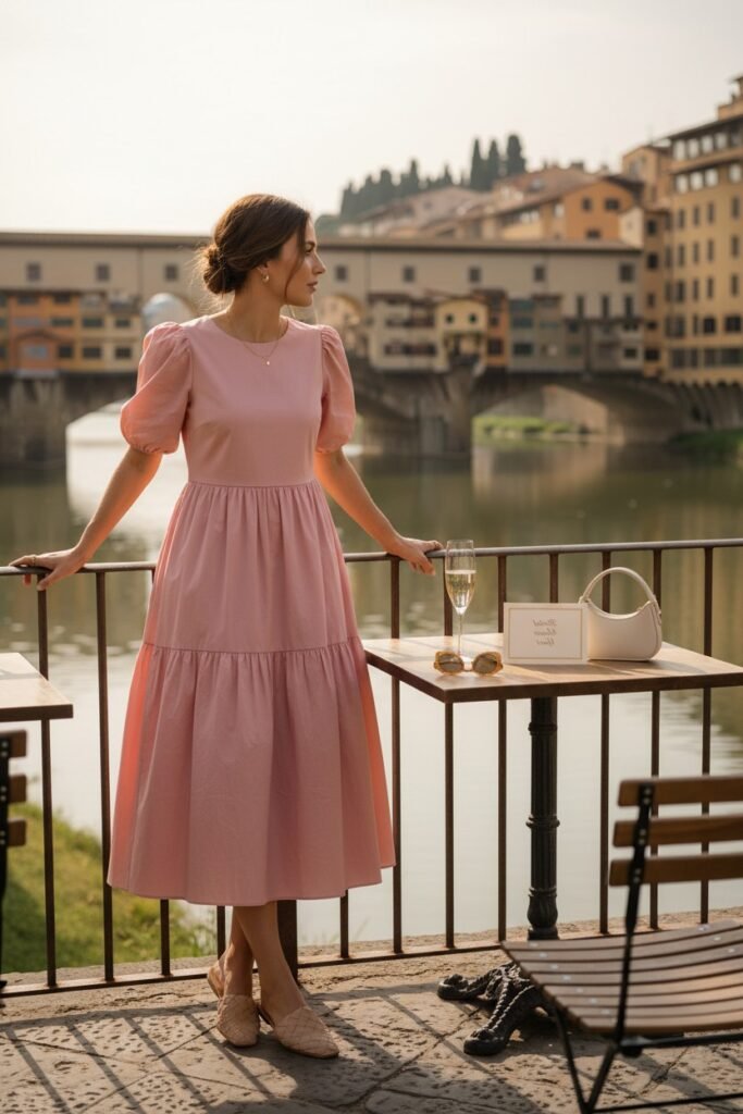 Pink Puff Sleeve Midi Dress + Woven Mules + White Mini Bag