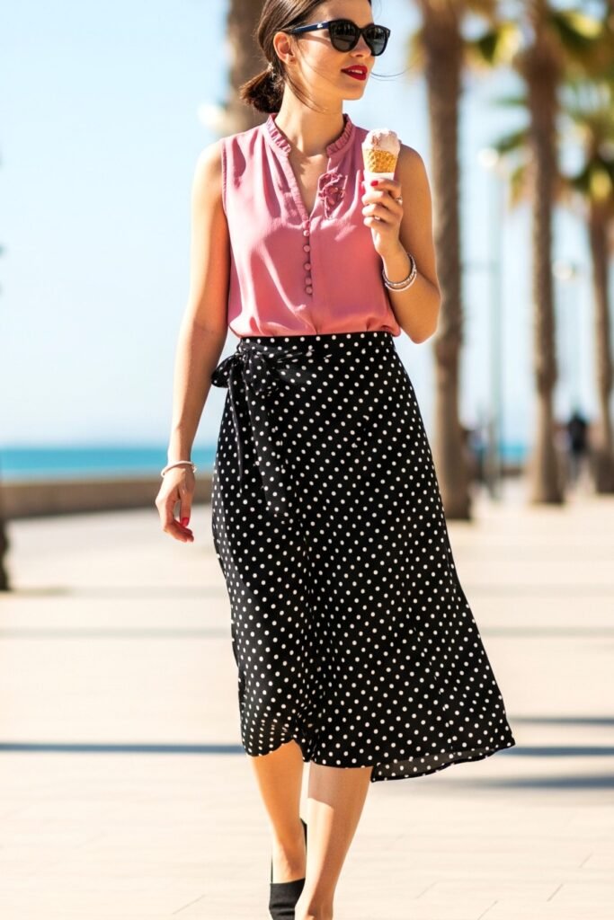 Pink Ruffle Trim Sleeveless Blouse + Black Polka Dot Wrap Skirt + Black Flats
