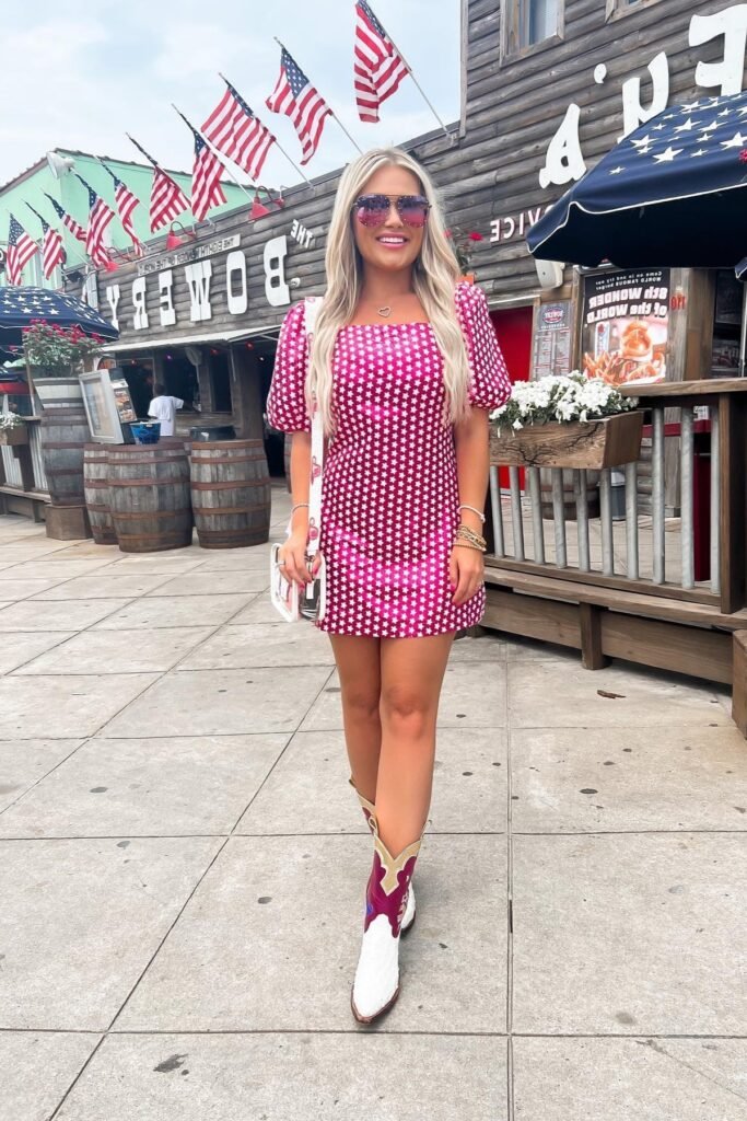 Pink Star Pattern Mini Dress + Cowboy Boots