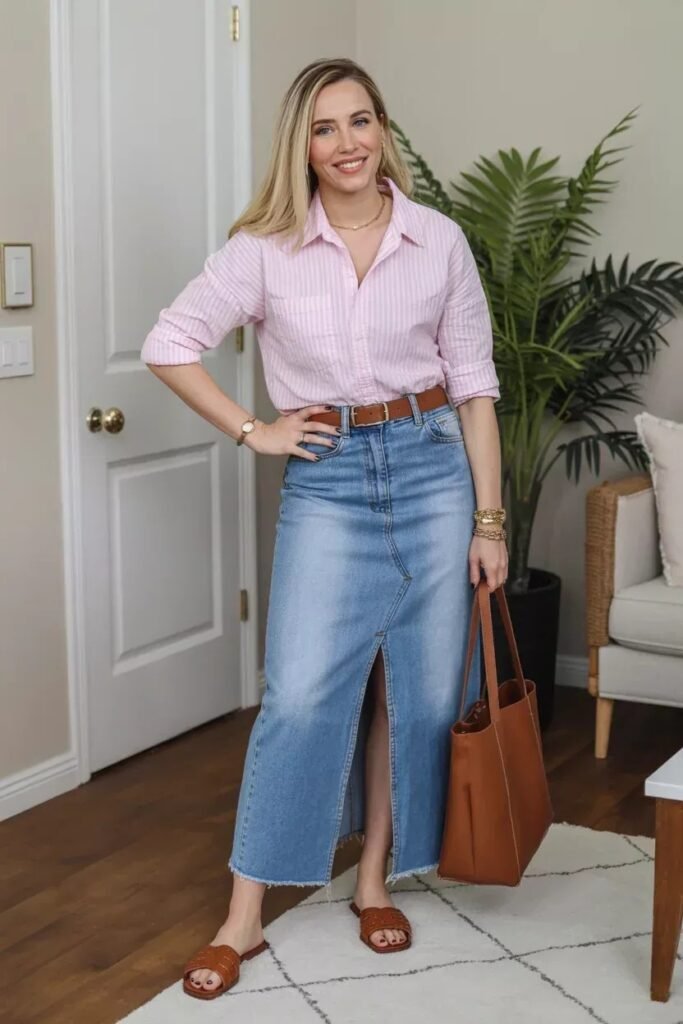 Pink Striped Button-Down + Denim Maxi Skirt + Tan Slide Sandals