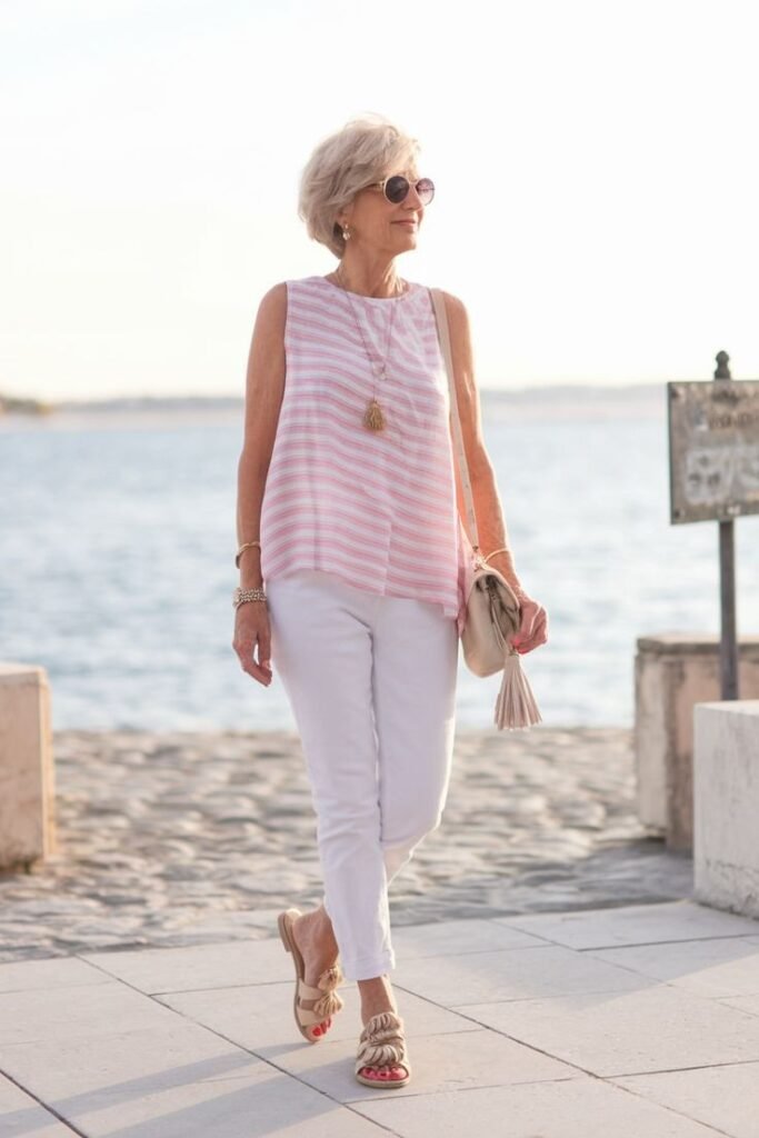 Pink Striped Sleeveless Top + White Slim Fit Pants + Tan Tassel Sandals