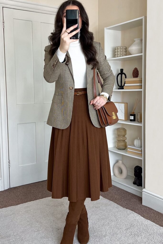 Plaid Blazer + White Turtleneck + Brown Pleated Midi Skirt + Brown Knee High Boots
