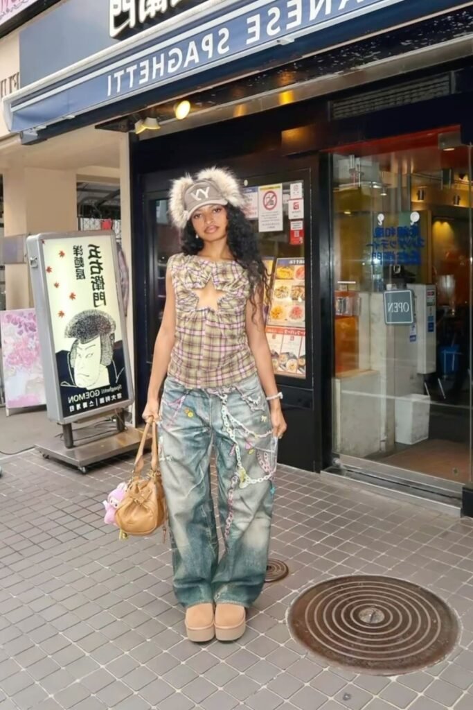 Plaid Cut Out Tank Top + Distressed Wide Leg Jeans with Chains + Fur Trimmed Trapper Hat + Tan Platform Boots