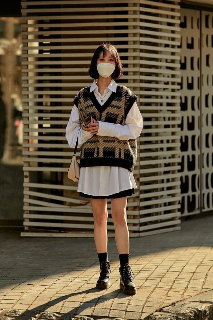 Plaid Knit Vest + White Oversized Button Down Shirt Dress + Black Combat Boots