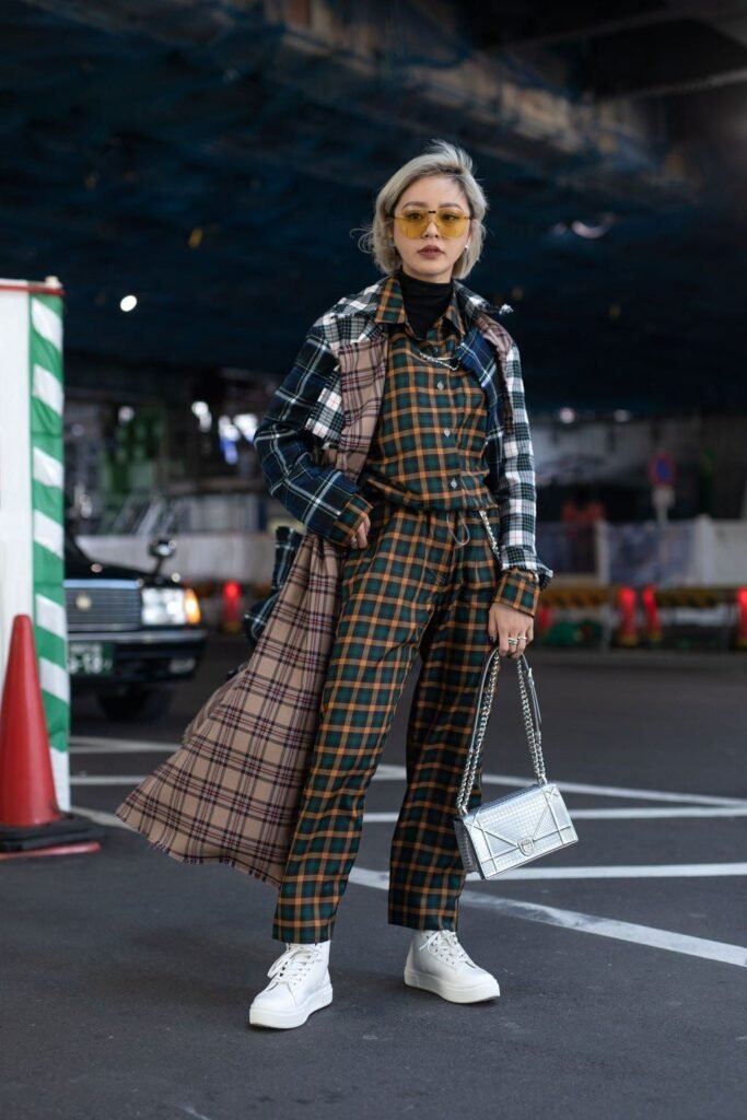 Plaid Long Trench Coat + Matching Plaid Shirt & Trousers Set + White Platform Sneakers