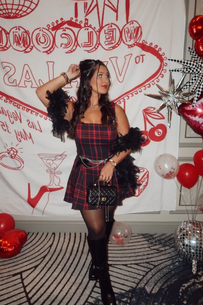 Plaid Mini Dress + Black Tights + Black Boots