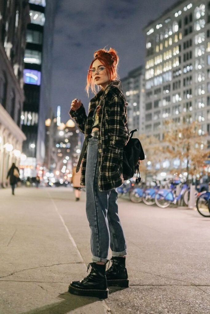 Plaid Oversized Jacket + Crop Top + Cuffed Blue Jeans + Black Combat Boots
