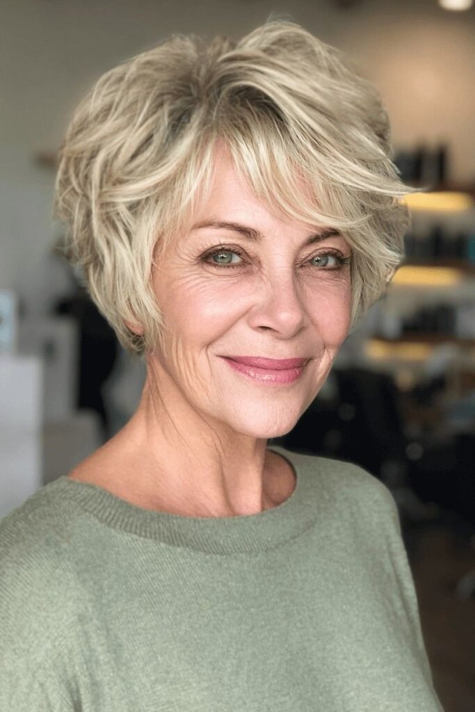 Platinum Blonde Pixie Cut with Side-Swept Layers