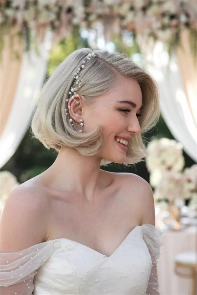 Platinum Blonde Vintage Bob with Pearl Headband Accent