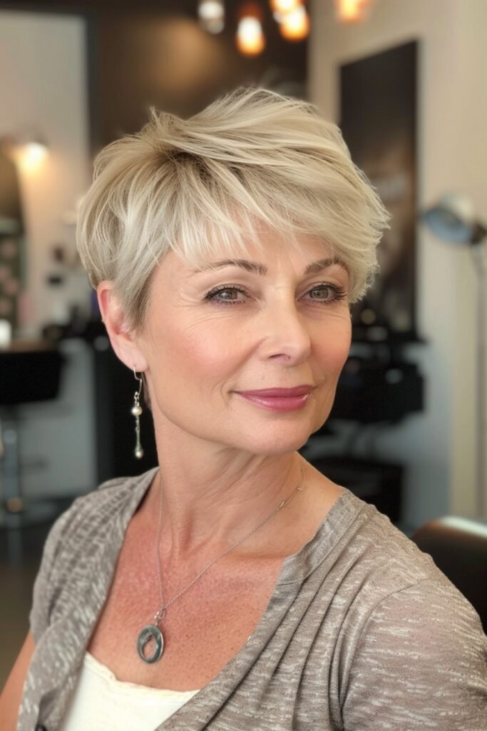 Platinum Blonde Voluminous Pixie with Side-Swept Fringe