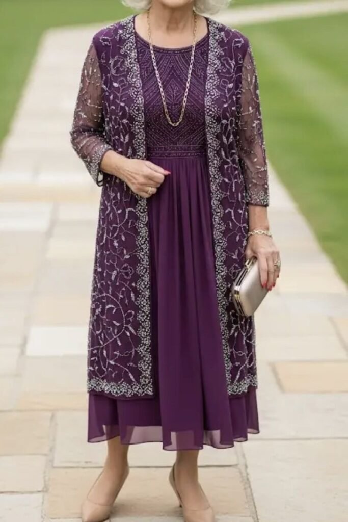 Plum Embroidered Sheer Duster + Matching Plum Midi Dress + Nude Pointed-Toe Pumps