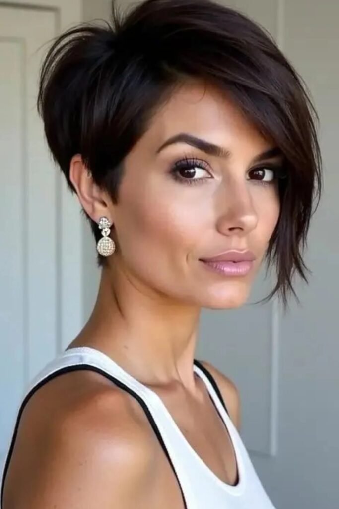 70. Polished Dark Pixie with Longer Side Bangs