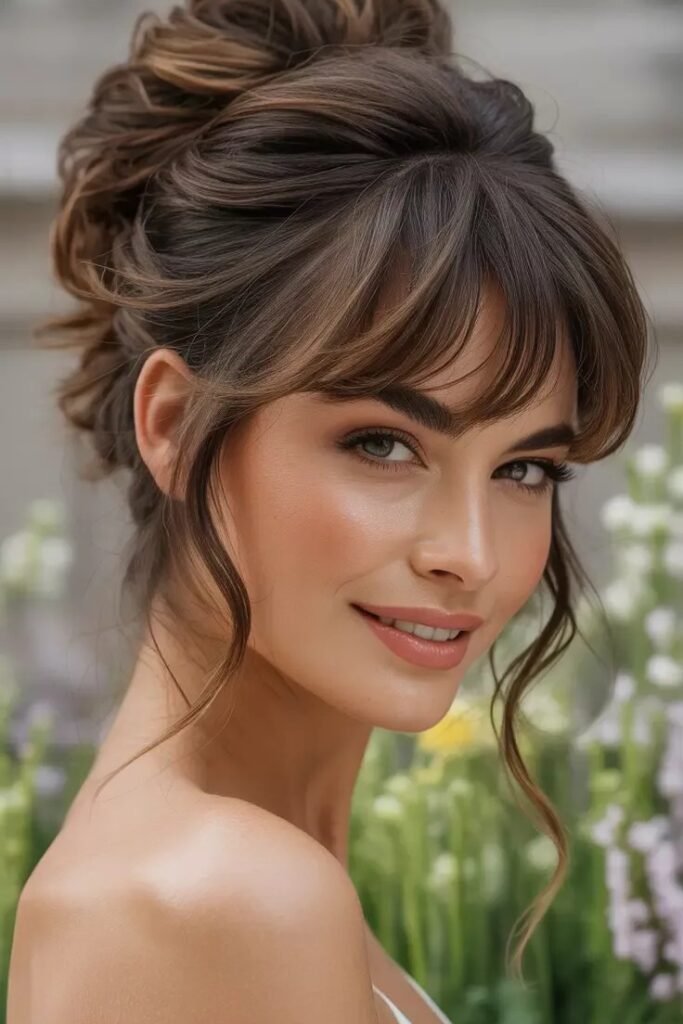 Polished High Bun with Full Wispy Bangs and Face-Framing Layers