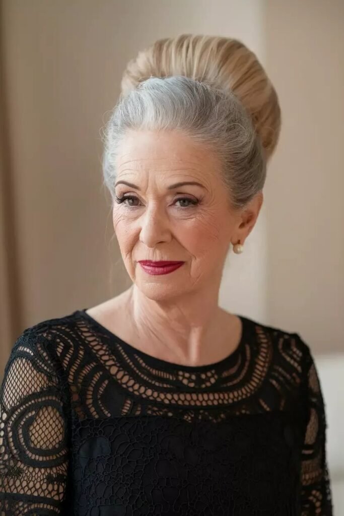 Polished High Honey-Blonde Bun for Mature Women