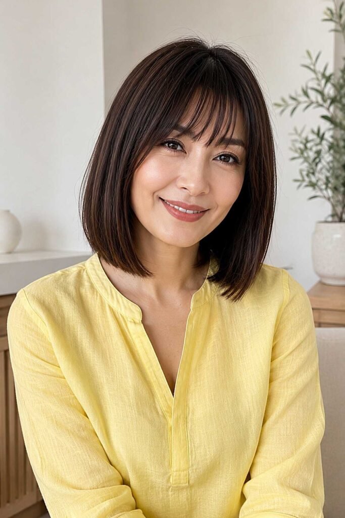 44. Polished Shoulder Length Bob with Soft Front Bangs