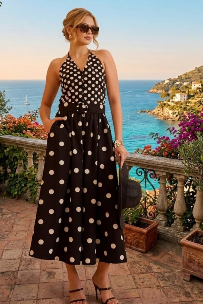 Polka Dot Halter Neck Belted Maxi Dress + Black Strappy Sandals + Wide Brim Hat