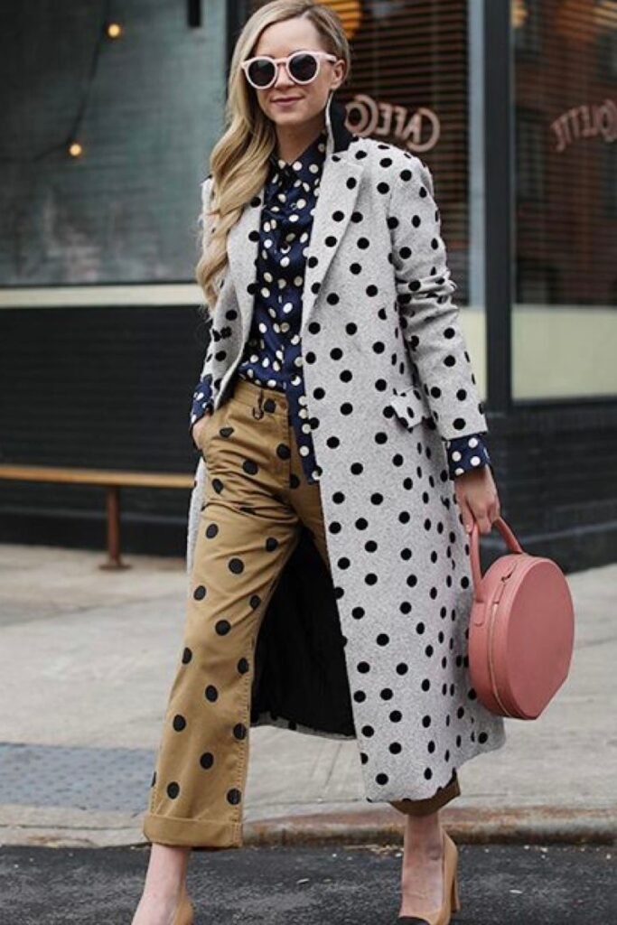 Polka Dot Long Coat + Navy Polka Dot Shirt + Tan Polka Dot Trousers